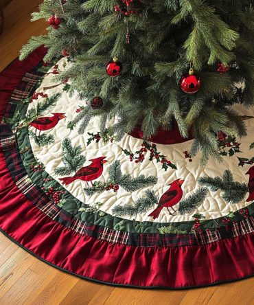 Crimson Wings Of Winter Tree Skirt — Dramatic Red Winged Snowflake Christmas Tree Skirt, Handcrafted Seasonal Centerpiece, Custom Made