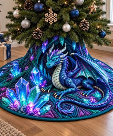 Crystal Cave Dragon Christmas Tree Skirt - Handcrafted Fantasy Holiday Decor With Sparkling Crystal Embroidery & Custom Fit