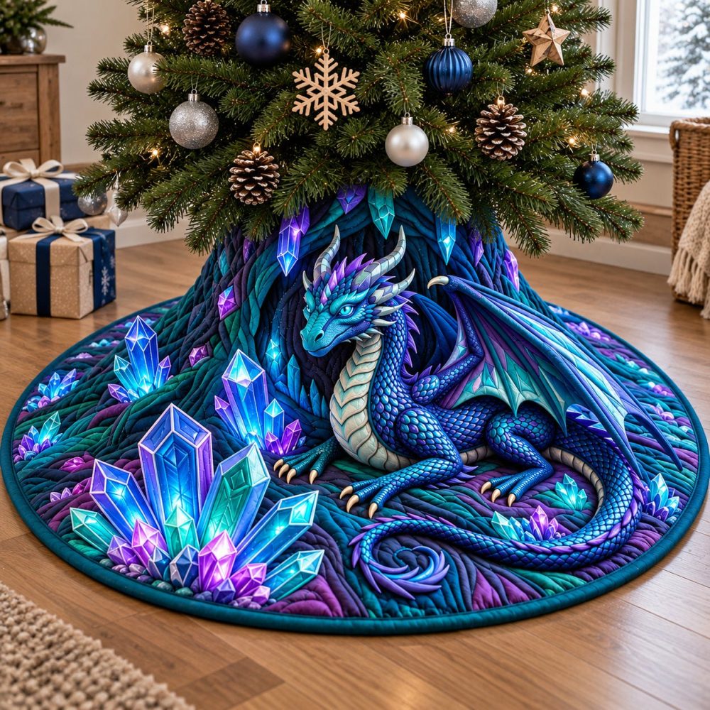 Crystal Cave Dragon Christmas Tree Skirt - Handcrafted Fantasy Holiday Decor With Sparkling Crystal Embroidery & Custom Fit