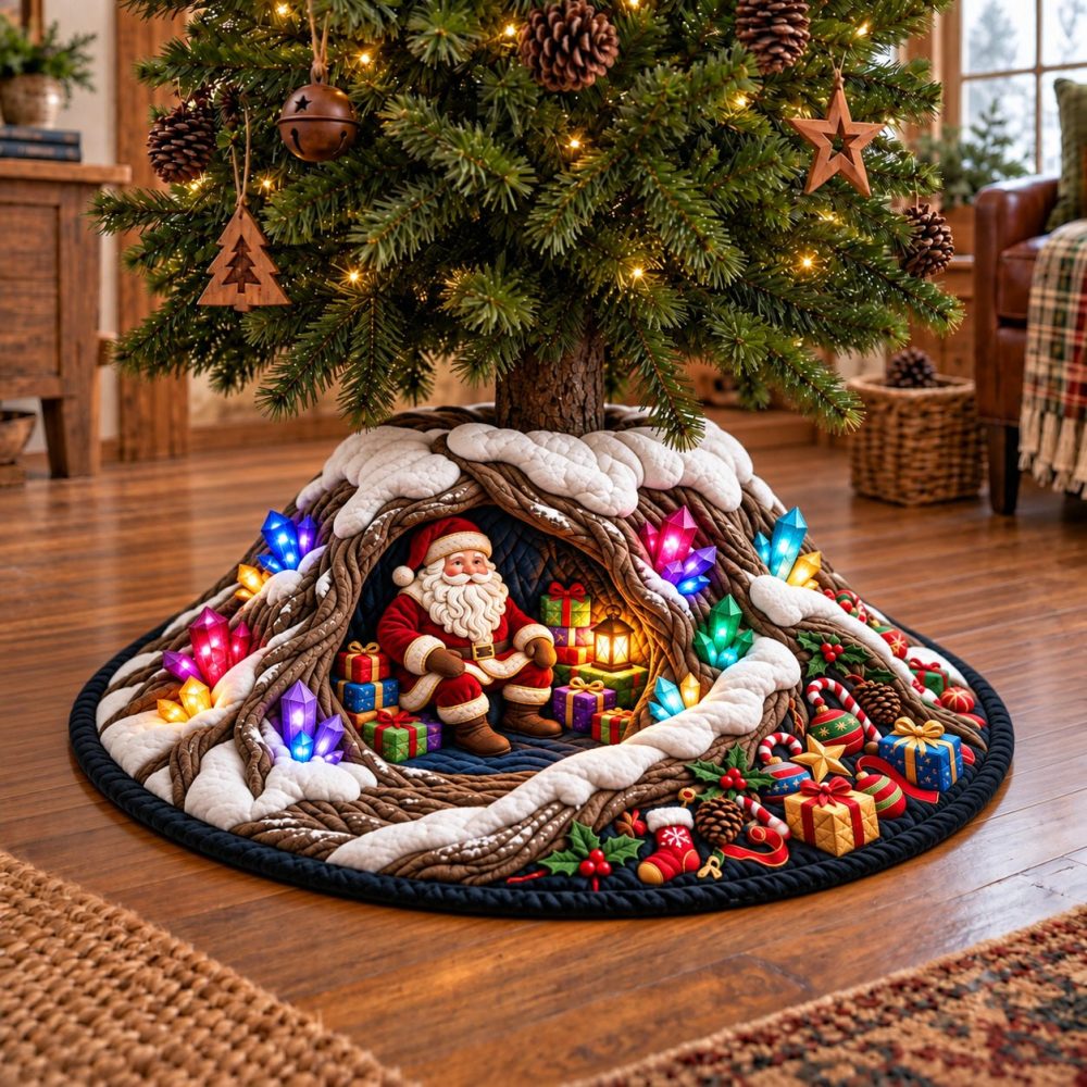 Crystal Cave Christmas Tree Skirt - Sparkling Handmade Tree Skirt With Crystal Cave Motif, Custom Holiday Centerpiece Accent