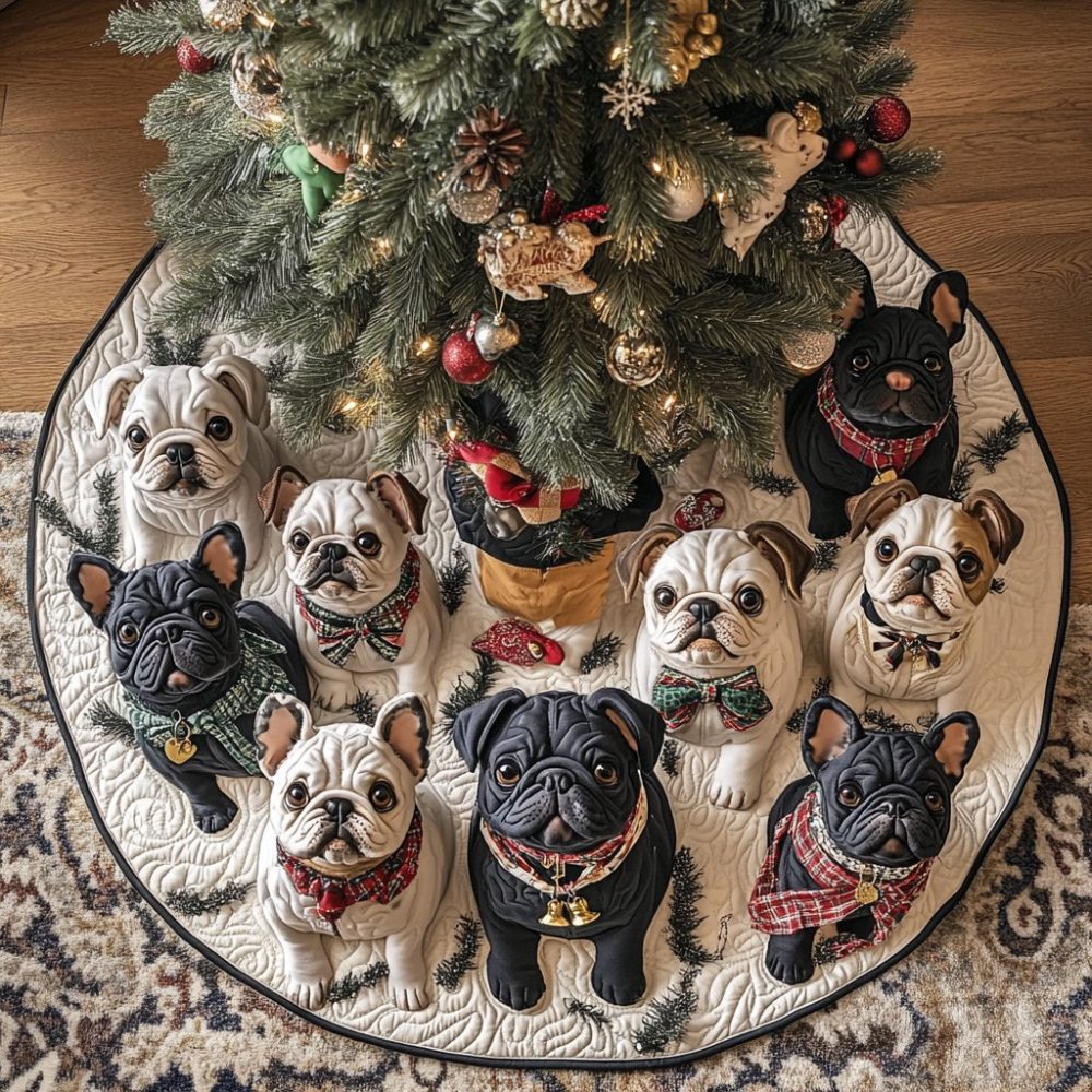 Handmade French Bulldog Holiday Tree Skirt — Plush Personalized Christmas Tree Skirt For Frenchie Lovers, Custom Sizes, Shop Now