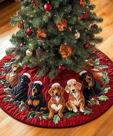 Dachshund Christmas Joy Tree Skirt — Personalized Sausage Dog Holiday Base Cover, Custom Handmade Christmas Tree Skirt, Made-To-Order