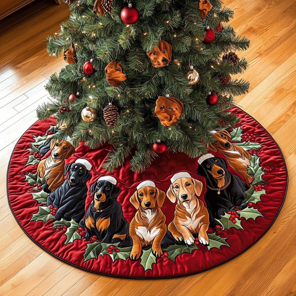 Dachshund Christmas Joy Tree Skirt — Personalized Sausage Dog Holiday Base Cover, Custom Handmade Christmas Tree Skirt, Made-To-Order