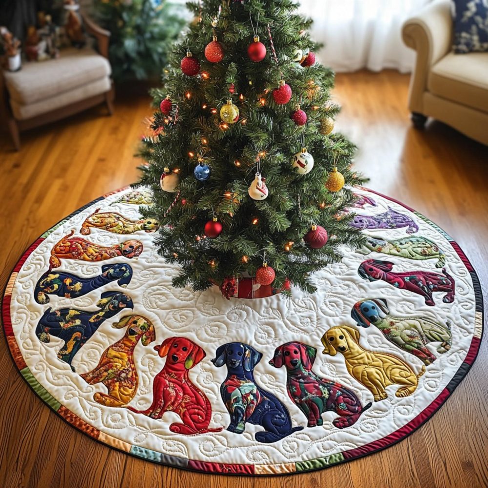 Colorful Dachshund Christmas Tree Skirt — Bright Sausage Dog Holiday Design, Personalized Made-To-Order Tree Base Cover For Pet Lovers