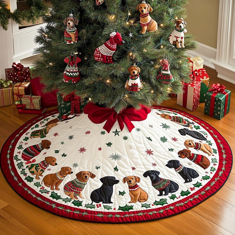 Dachshund Dreams Holiday Tree Skirt — Personalized Sausage Dog Christmas Base Cover, Custom Handmade Tree Skirt, Made-To-Order