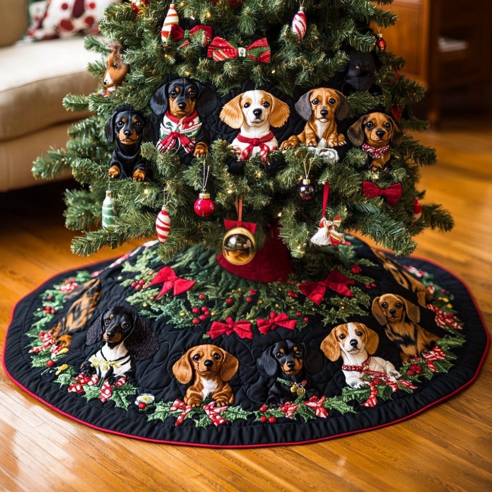 Dachshund Holiday Cheer Custom Tree Skirt — Adorable Dog Lover Christmas Tree Skirt With Playful Sausage Dog Design