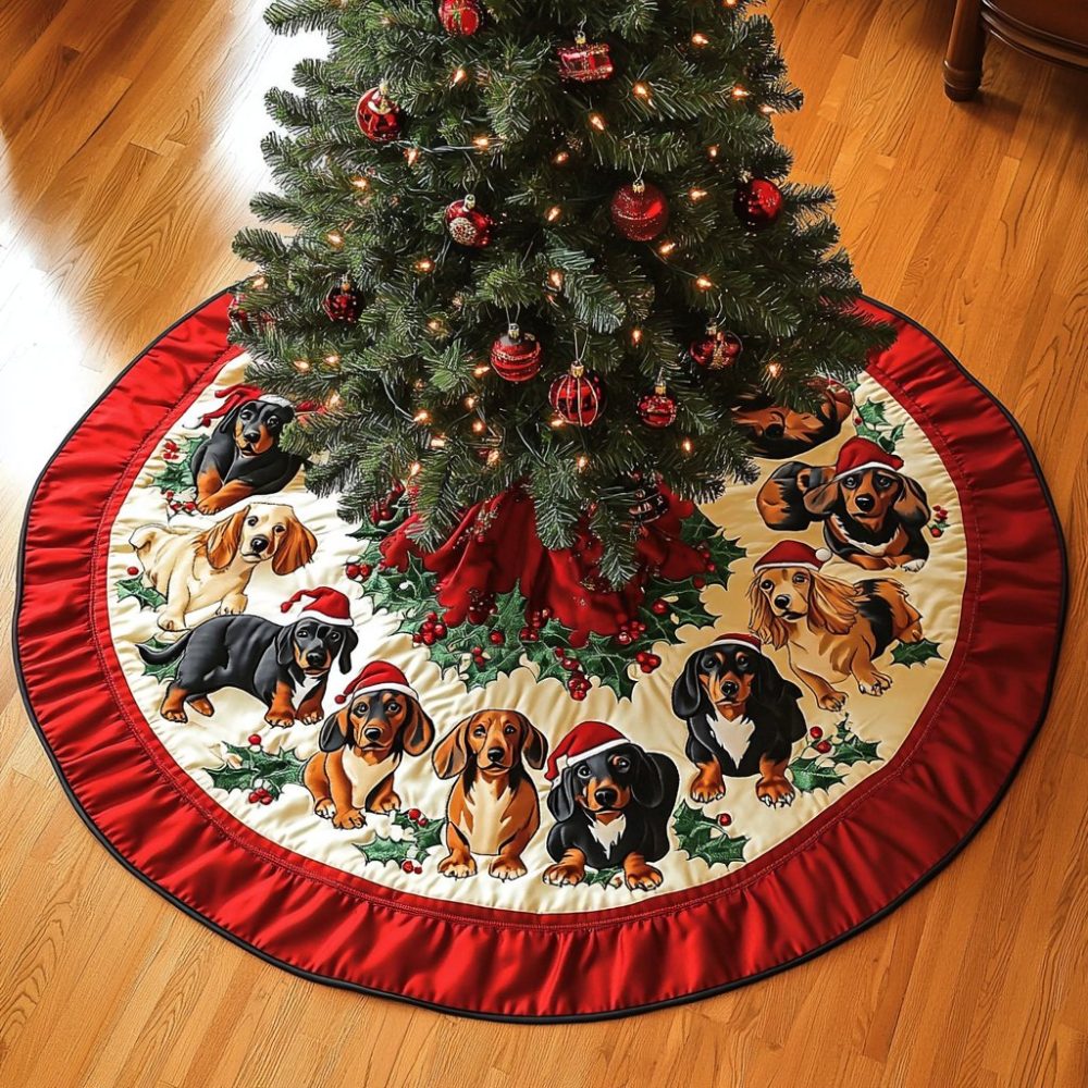 Noel Night Dachshund Tree Skirt — Custom Christmas Tree Base Cover Featuring Sausage Dog Design, Made-To-Order Holiday Gift