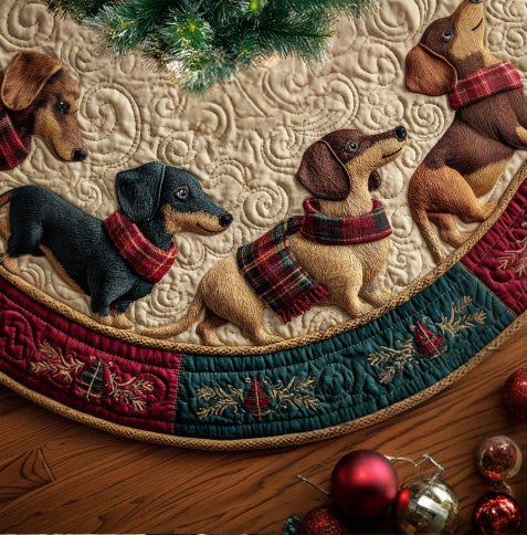 Dachshund Sleigh Tracks Tree Skirt — Custom Holiday Base Cover With Sausage Dog Silhouettes, Made-To-Order Christmas Decor