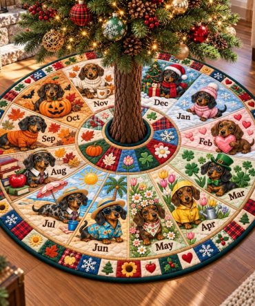 Dachshund Through The Seasons Tree Skirt — Year-Round Custom Dog Christmas Skirt With Seasonal Dachshund Patterns, Made To Order