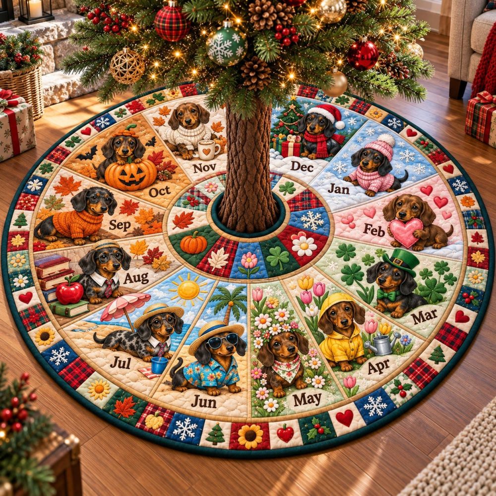 Dachshund Through The Seasons Tree Skirt — Year-Round Custom Dog Christmas Skirt With Seasonal Dachshund Patterns, Made To Order