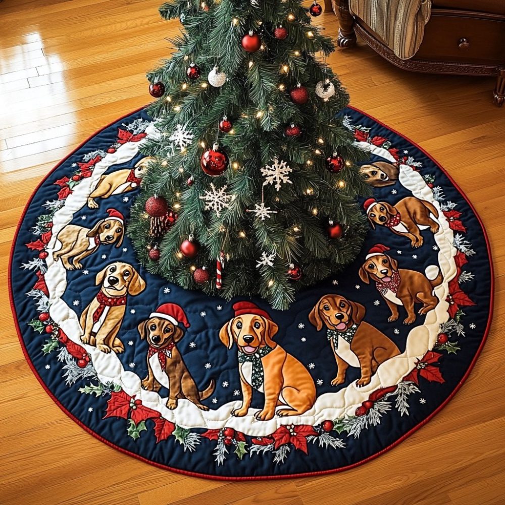 Festive Dachshund Xmas Joy Tree Skirt — Custom Sausage Dog Christmas Decor, Personalized Made-To-Order Tree Cover
