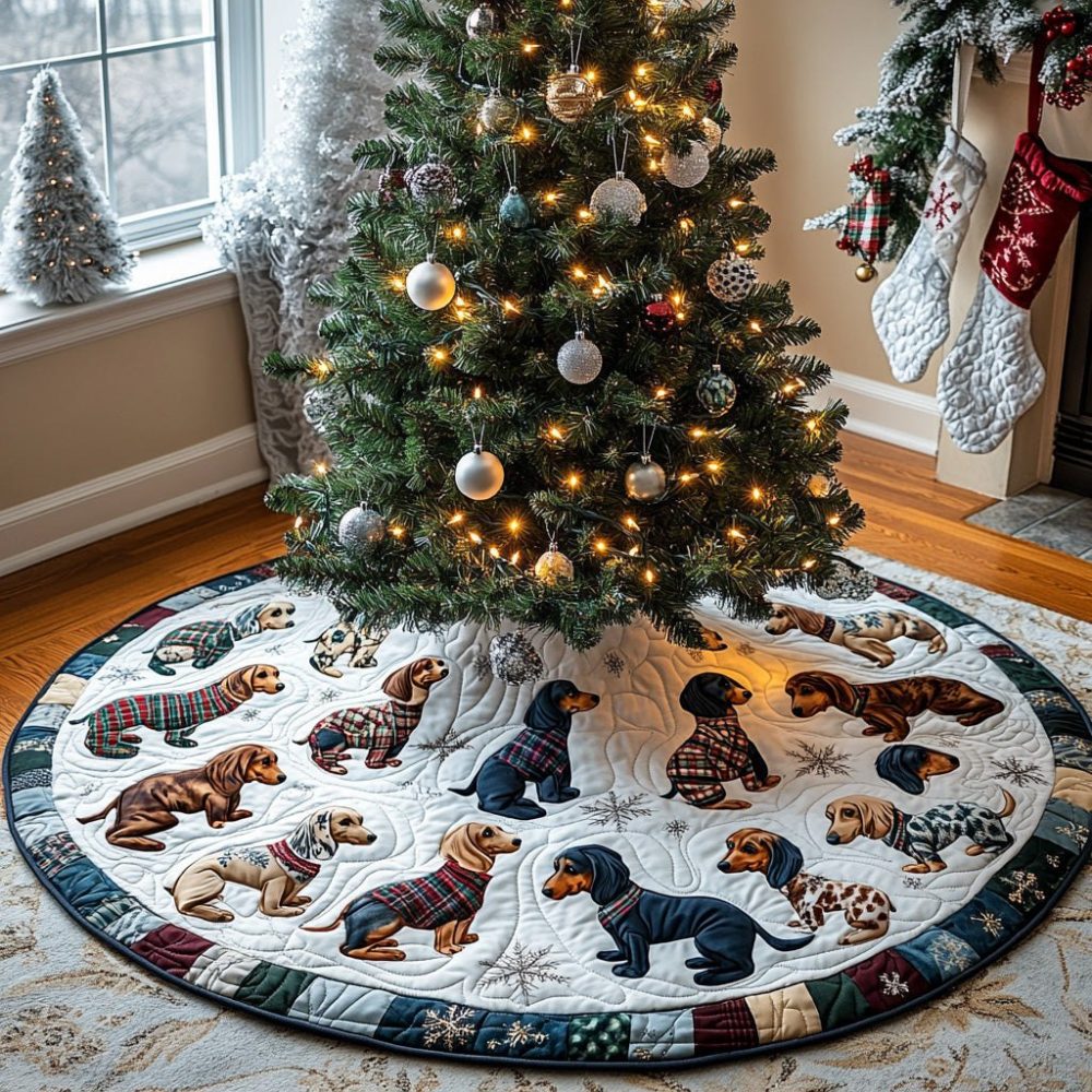 Personalized Dachshund By The Fire Holiday Tree Skirt — Custom Sausage Dog Christmas Tree Base, Made-To-Order