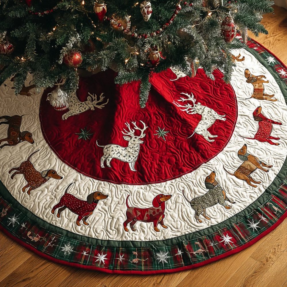 Dachshunds Delight Personalized Tree Skirt - Cheerful Dachshund Motif On Premium Felt, Custom Size Options For Holiday Styling