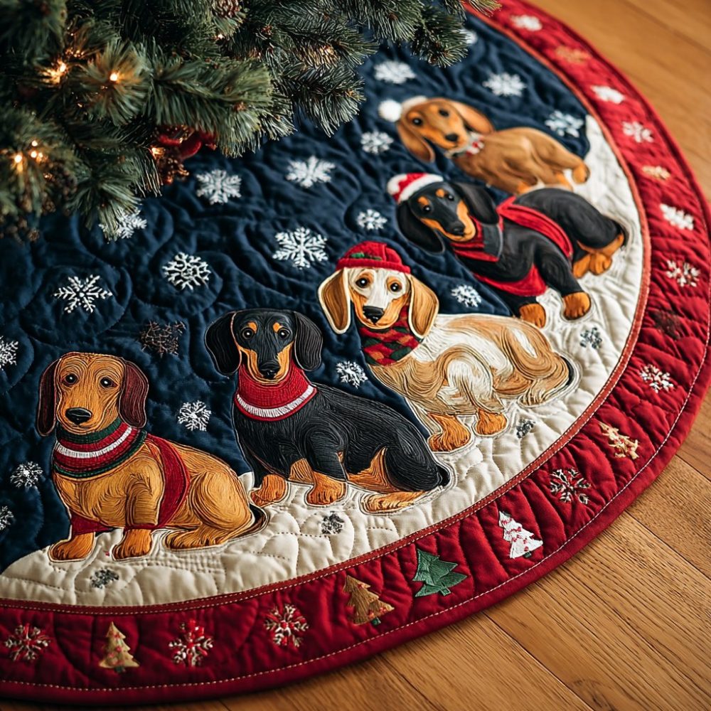 Dachshunds Holiday Tree Skirt - Custom Festive Dachshund Parade Design On Cozy Velvet, Personalized Pet Christmas Decor