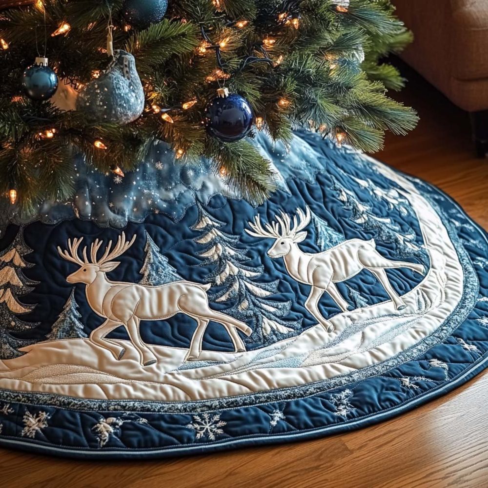 Elegant Dashing Deer Christmas Tree Skirt - Custom Reindeer Silhouette On Plush Velvet, Holiday Focal Piece