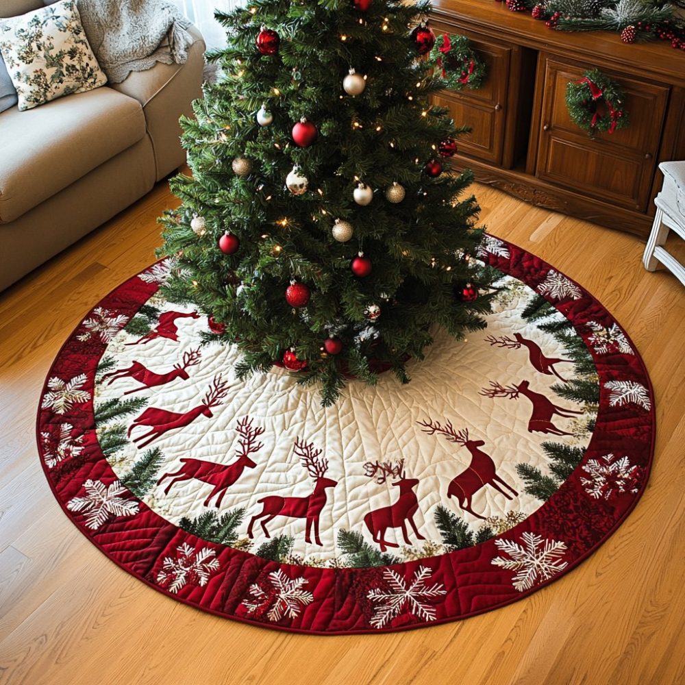 Festive 'Dashing Through The Snow' Christmas Tree Skirt - Custom Snowflake & Reindeer Design, Plush Holiday Accent