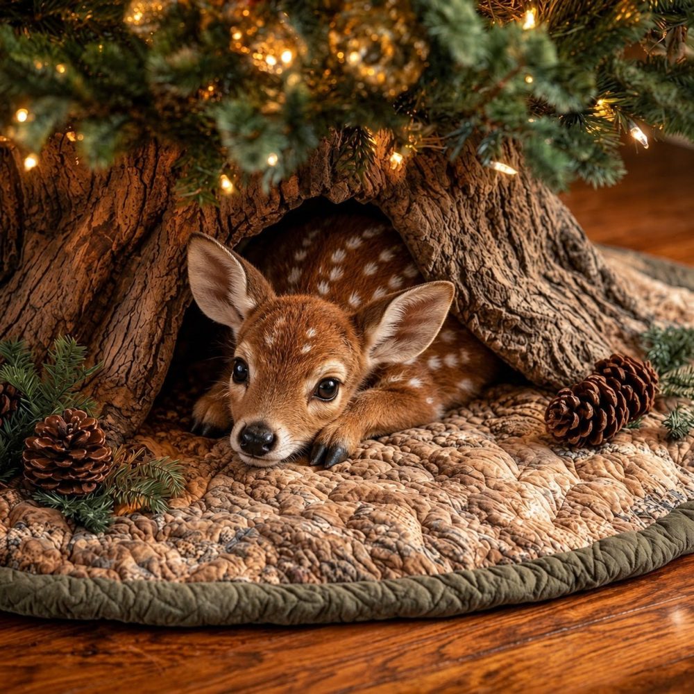 Elegant Deer Den Christmas Tree Skirt — Tailored Woodland Holiday Tree Mat, Custom Sizes & Embellishment Options