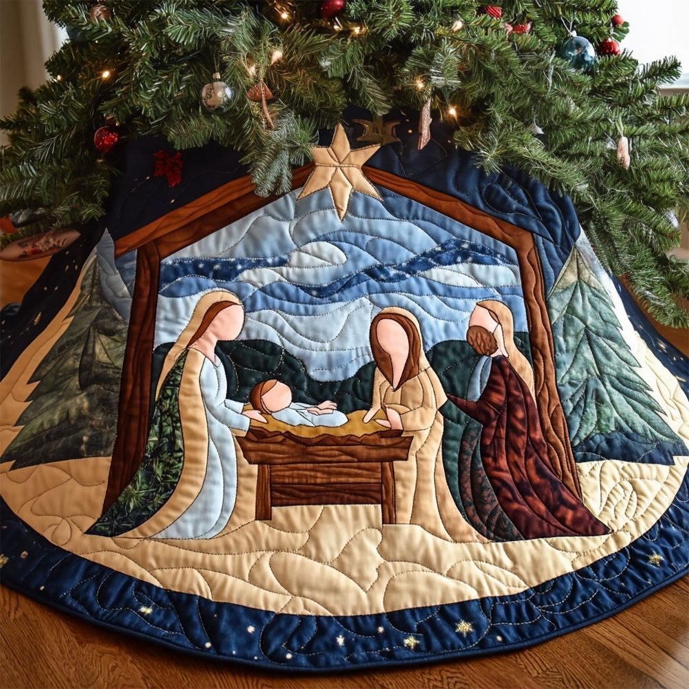 Divine Birth Nativity Tree Skirt - Handmade Christmas Tree Skirt Celebrating The Birth, Custom Made-To-Order