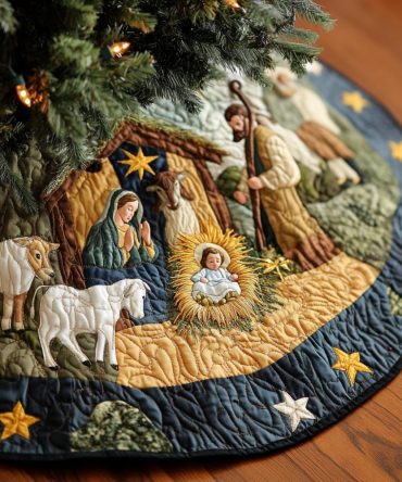 Handmade Manger Scene Christmas Tree Skirt - Divine Nativity Holiday Tree Skirt, Custom Sizes & Made-To-Order