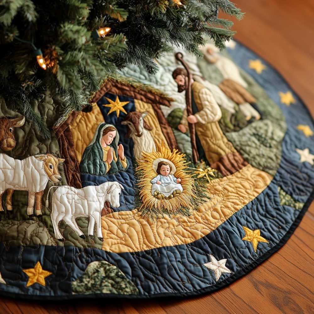 Handmade Manger Scene Christmas Tree Skirt - Divine Nativity Holiday Tree Skirt, Custom Sizes & Made-To-Order