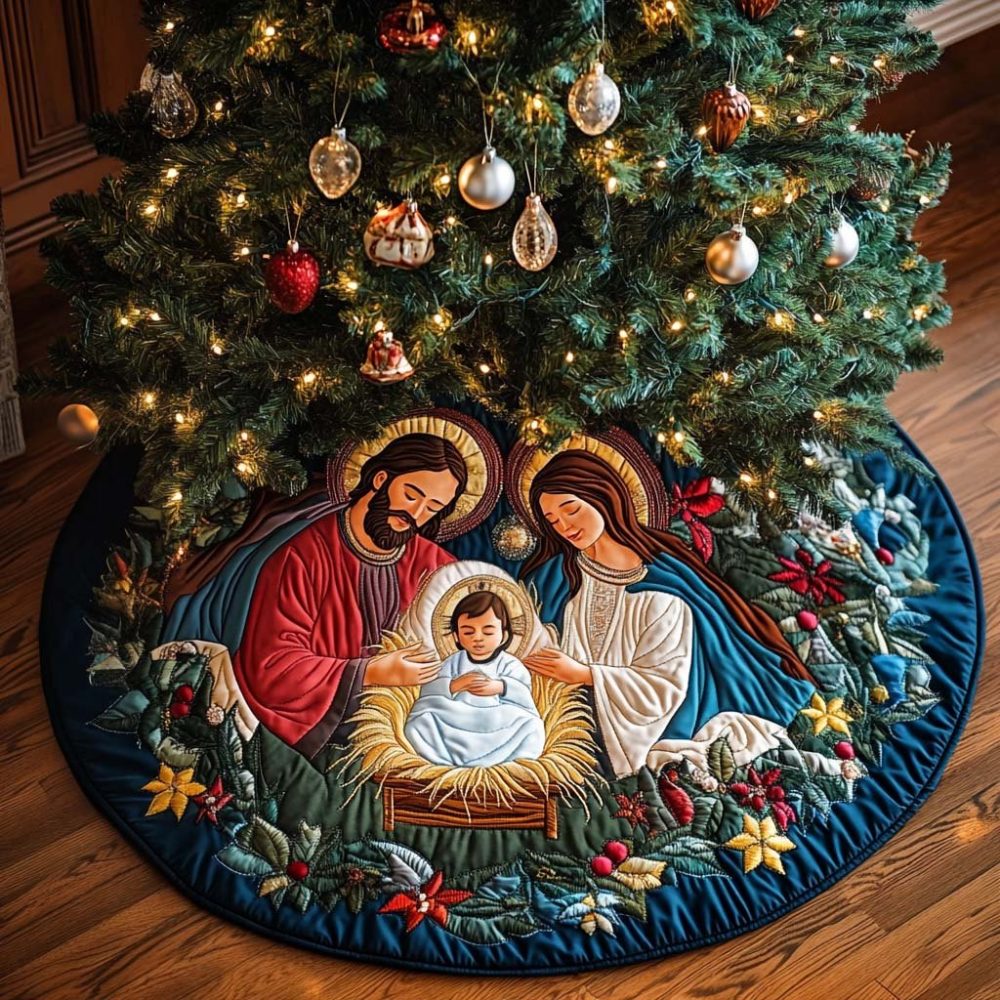 Divine Peace Nativity Christmas Tree Skirt - Handmade Religious Holiday Tree Skirt, Custom Made-To-Order
