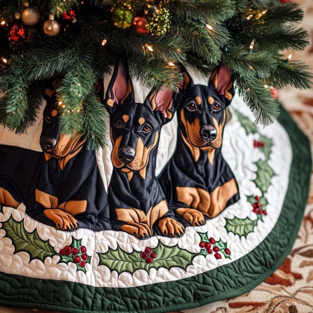 Handcrafted Doberman Christmas Tree Skirt - Custom Made-To-Order Holiday Tree Skirt For Doberman Fans