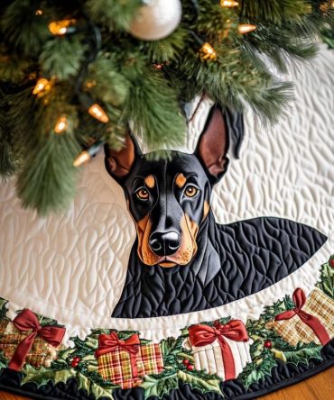 Festive Doberman Christmas Tree Skirt - Custom Holiday Tree Skirt For Dog Owners, Handmade & Made-To-Order