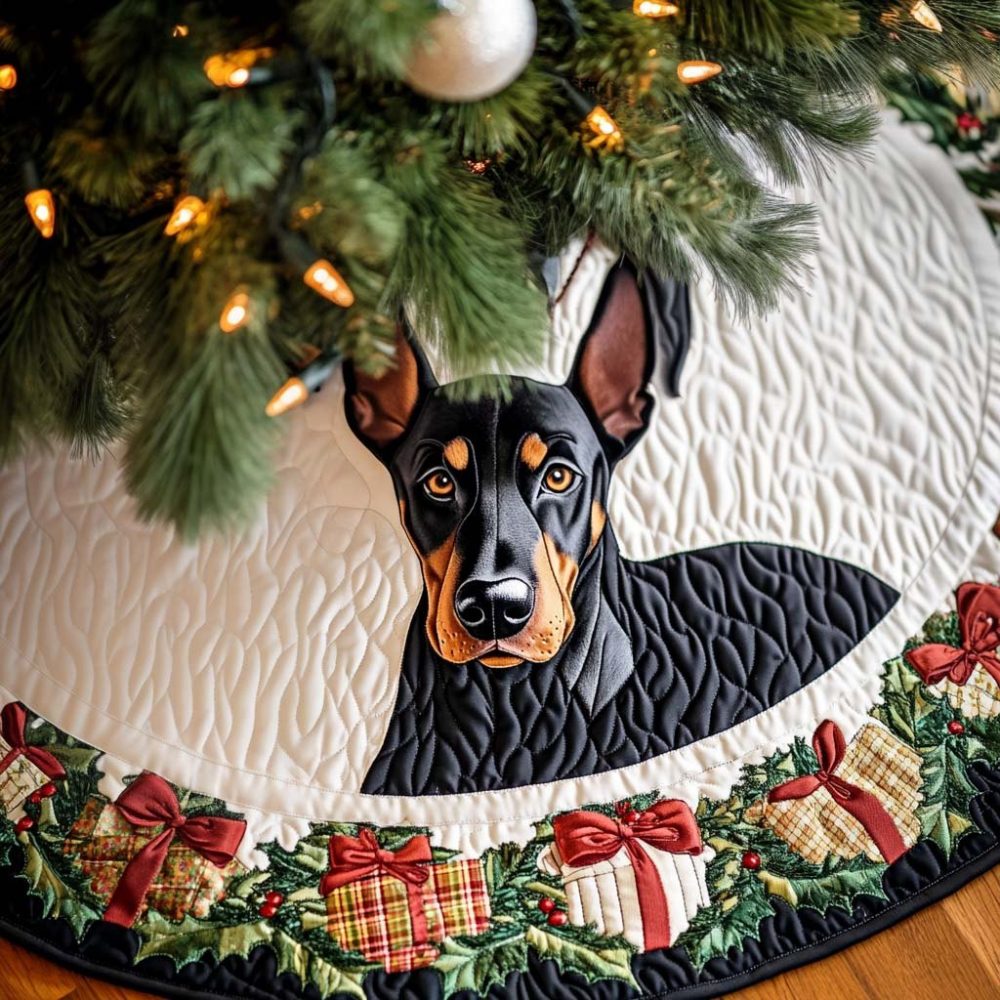 Festive Doberman Christmas Tree Skirt - Custom Holiday Tree Skirt For Dog Owners, Handmade & Made-To-Order