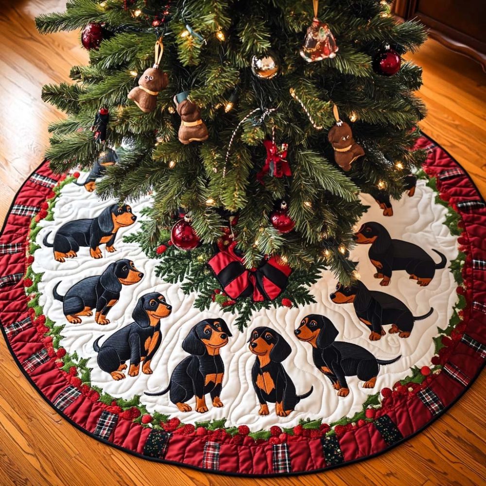 Custom Dachshund Holiday Tree Skirt — White Background, Handcrafted Pet Christmas Decor, Made-To-Order, Gift-Ready