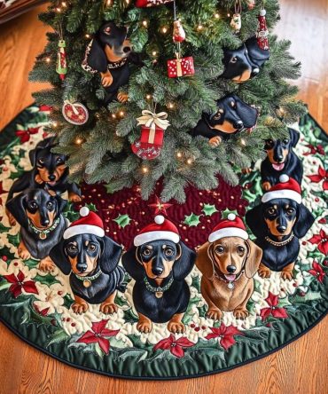 Handmade Dachshund Christmas Tree Skirt - Playful Dachshunds In Santa Hats Holiday Skirt, Custom Pet-Themed Decor & Great Gift Idea