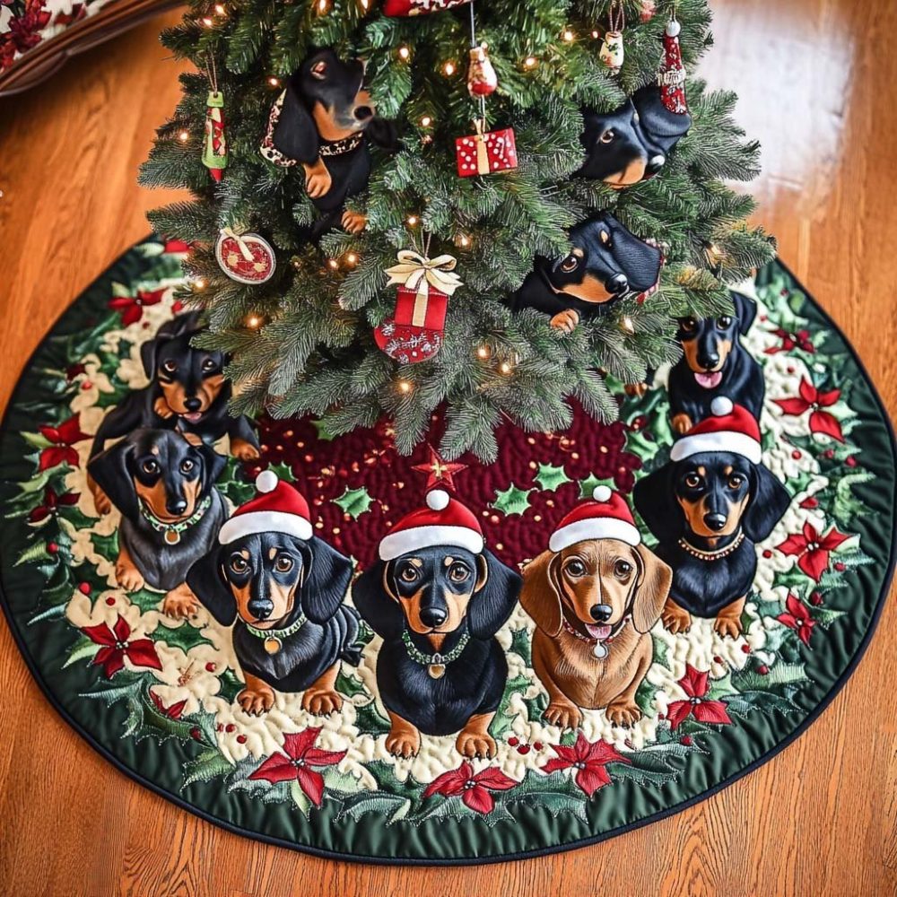 Handmade Dachshund Christmas Tree Skirt - Playful Dachshunds In Santa Hats Holiday Skirt, Custom Pet-Themed Decor & Great Gift Idea