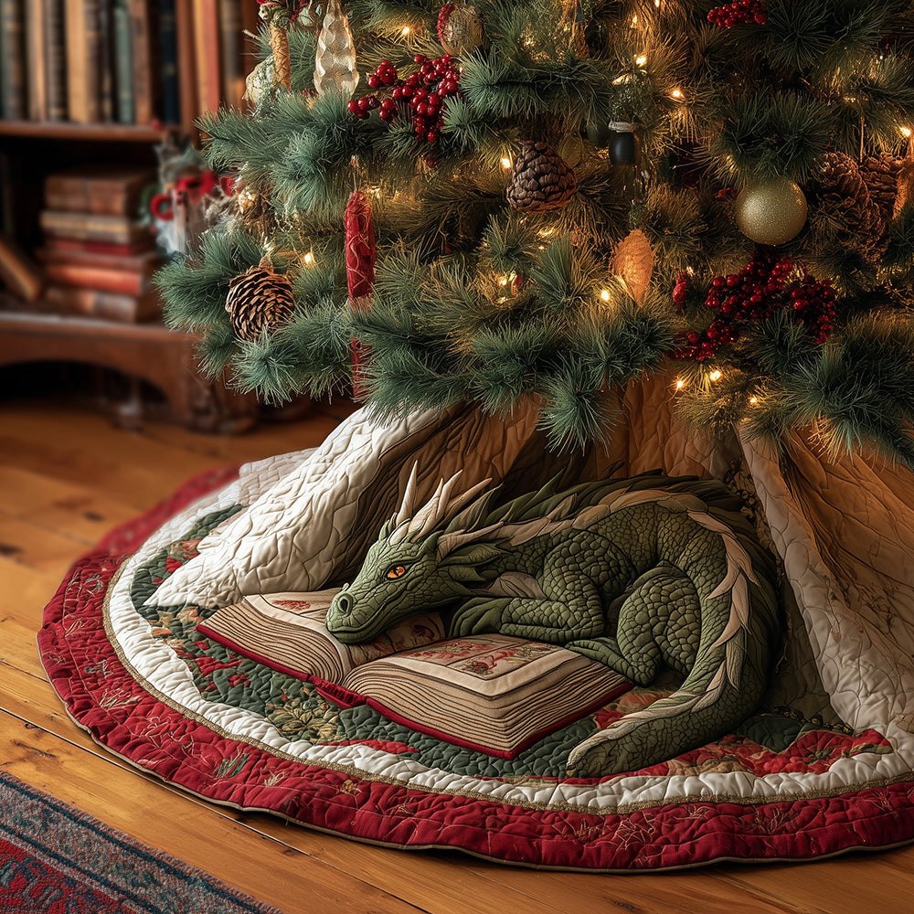 Custom Dragon Evergreen Holiday Tree Skirt - Handmade Christmas Tree Skirt With Evergreen Dragon Motif, Made-To-Order
