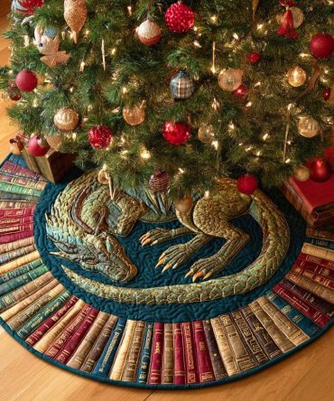 Custom Dragon Flame Holiday Tree Skirt - Handmade Christmas Tree Skirt With Fiery Dragon Library Design, Made-To-Order