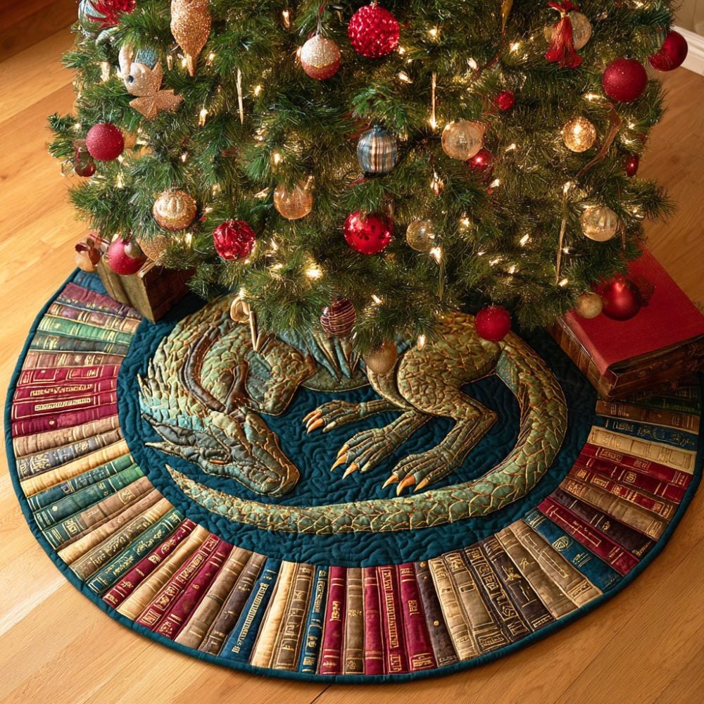 Custom Dragon Flame Holiday Tree Skirt - Handmade Christmas Tree Skirt With Fiery Dragon Library Design, Made-To-Order