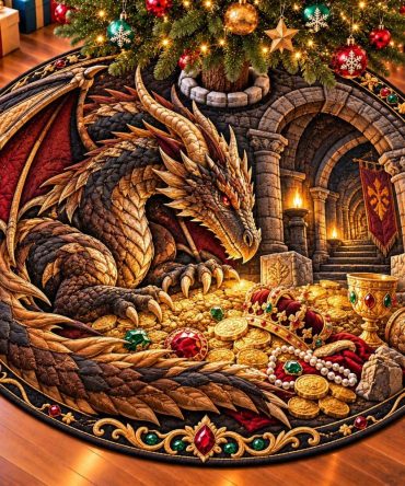 Dragon Treasure Vault Christmas Tree Skirt — Metallic Accents & Treasure Motif, Handcrafted Custom Holiday Skirt For Fantasy Lovers