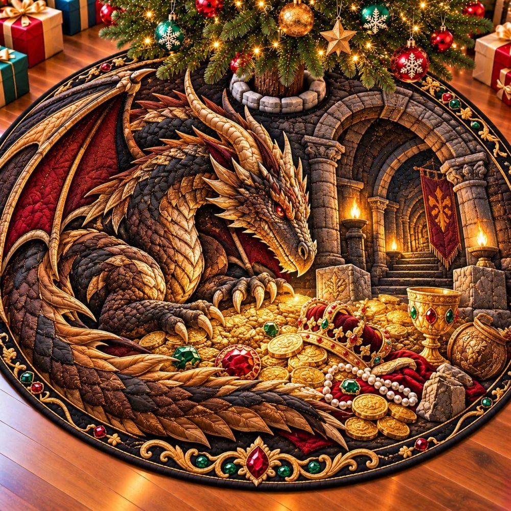 Dragon Treasure Vault Christmas Tree Skirt — Metallic Accents & Treasure Motif, Handcrafted Custom Holiday Skirt For Fantasy Lovers