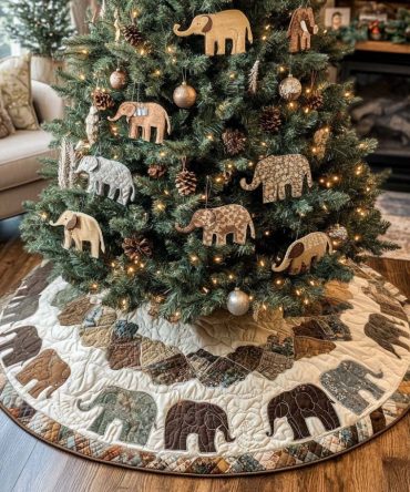 Earthy Elephants Safari Tree Skirt — Handmade Animal-Themed Christmas Skirt, Natural Tones, Custom Sizes & Eco-Friendly Fabrics