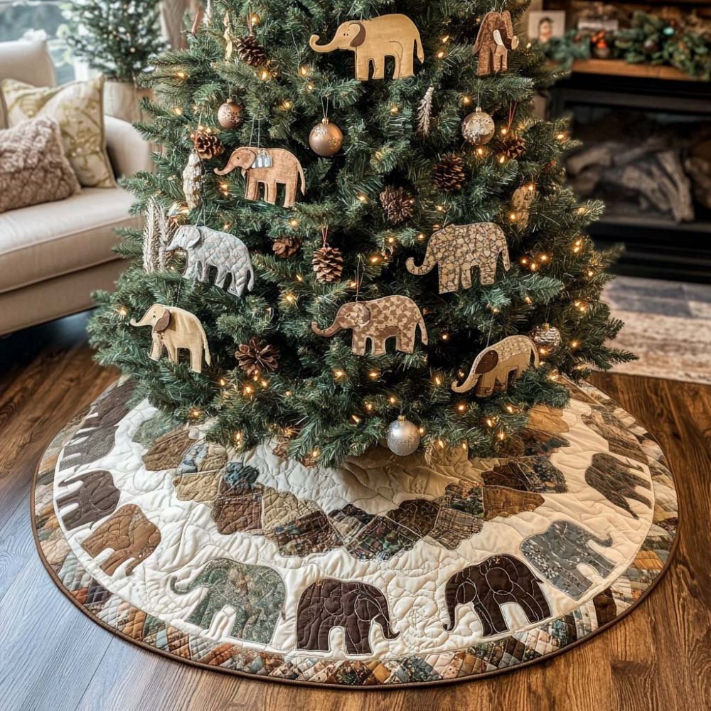 Earthy Elephants Safari Tree Skirt — Handmade Animal-Themed Christmas Skirt, Natural Tones, Custom Sizes & Eco-Friendly Fabrics