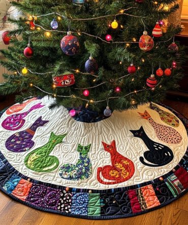 Ebony Tails Chic Black & White Tree Skirt — Modern Handmade Christmas Skirt, High-Contrast Designer Fabric, Custom Sizing