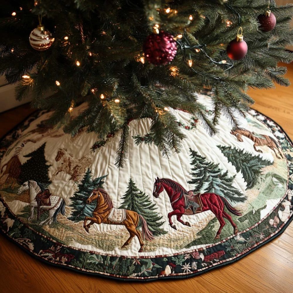 Heritage Hoofbeats Rustic Tree Skirt — Handcrafted Equestrian Christmas Skirt With Country Charm, Custom Size & Fabric Choices