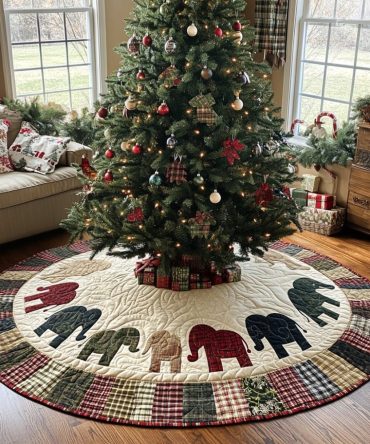 Elephant Magic Christmas Tree Skirt — Magical Elephant Design, Embroidered Details, Handmade Holiday Skirt, Personalize For Gifts