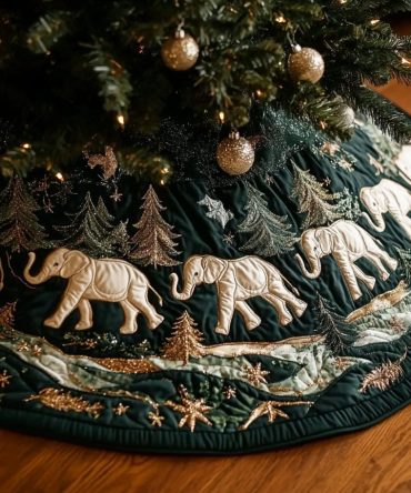 Elephant Parade Christmas Tree Skirt — Festive Elephant Pattern, Handmade Holiday Skirt, Soft Cotton, Machine-Washable & Custom Monogram