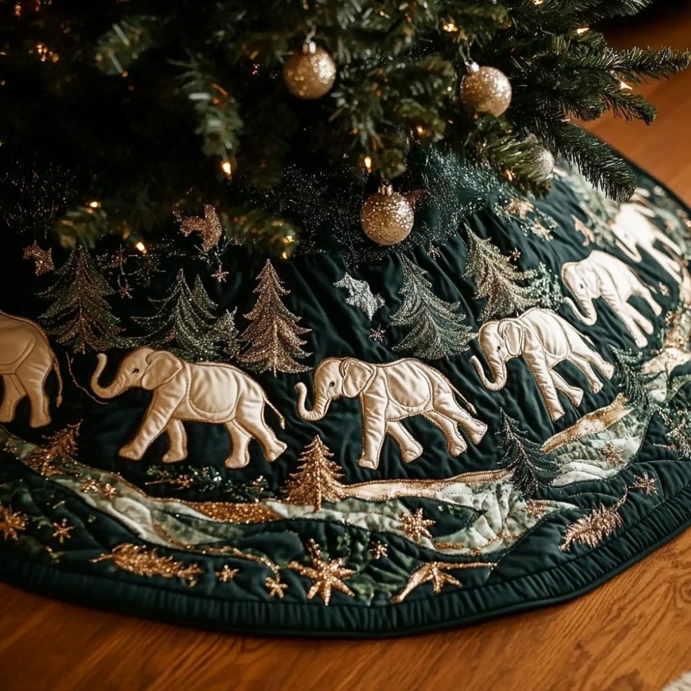 Elephant Parade Christmas Tree Skirt — Festive Elephant Pattern, Handmade Holiday Skirt, Soft Cotton, Machine-Washable & Custom Monogram
