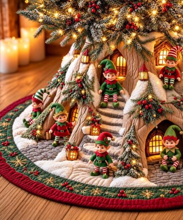 Whimsical Elf Village Christmas Tree Skirt — Handcrafted Holiday Scene, Custom Sizes & Personalization Available