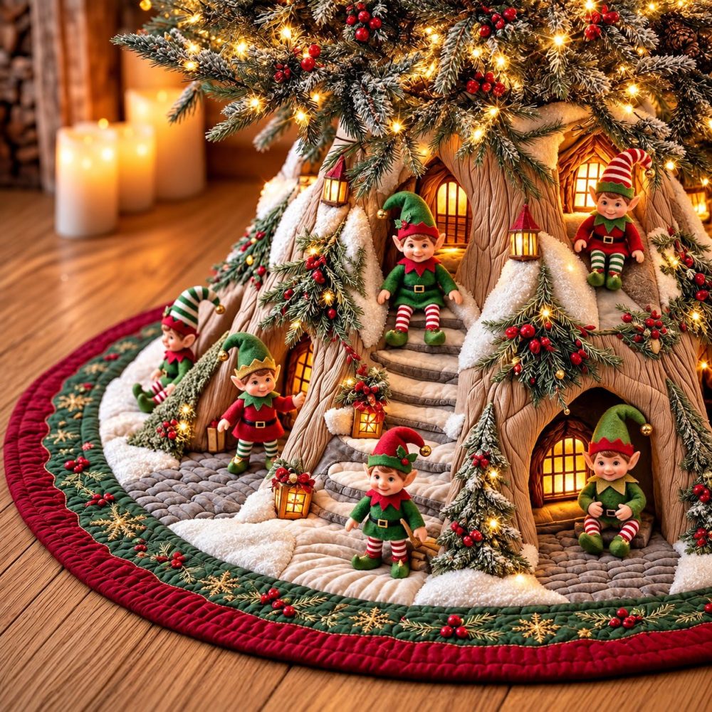Whimsical Elf Village Christmas Tree Skirt — Handcrafted Holiday Scene, Custom Sizes & Personalization Available