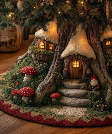 Elfpath Treehouse Christmas Tree Skirt — Cozy Elf Treehouse Illustration, Handmade Holiday Skirt, Soft Fleece, Customizable