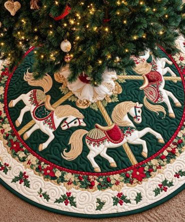 Emerald Carousel Christmas Tree Skirt - Handcrafted Luxurious Green Velvet Skirt With Carousel Embroidery & Metallic Accents, Multiple Sizes