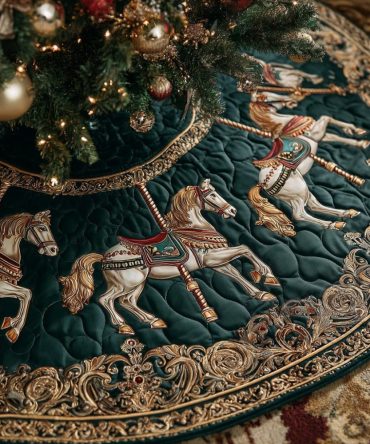 Emerald Carousel Horse Christmas Tree Skirt - Handmade Vintage Carousel Holiday Skirt, Rich Emerald Fabric, Custom Fit & Giftable