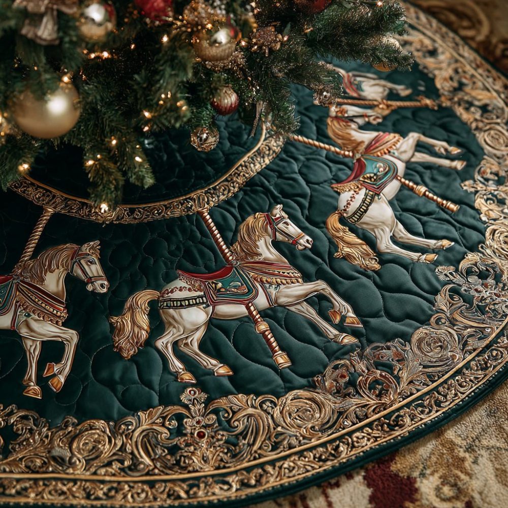 Emerald Carousel Horse Christmas Tree Skirt - Handmade Vintage Carousel Holiday Skirt, Rich Emerald Fabric, Custom Fit & Giftable