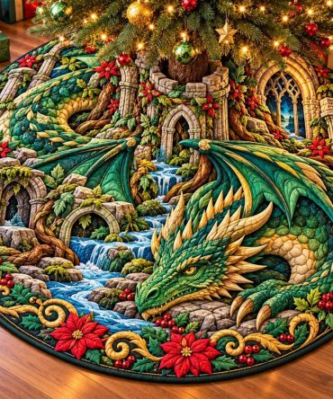 Emerald Christmas Dragon Holiday Tree Skirt — Lux Green Jewel-Toned Embroidery, Custom Handmade Skirt For Festive Elegant Decor